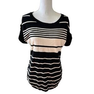 OneA Black Striped & Cream Striped Sleeveless Ruched Detail Top M